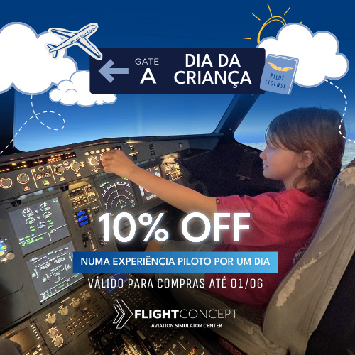 Criança no simulador de voo da Flight Concept com texto promocional de 10% de desconto para a experiência Piloto por um Dia no Dia da Criança.