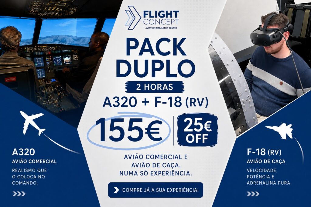 Banner promocional do Pack Duplo FlightConcept de 2 horas, combinando o simulador de avião comercial A320 e o simulador de caça F-18 em realidade virtual por 155€ com 25€ de desconto.